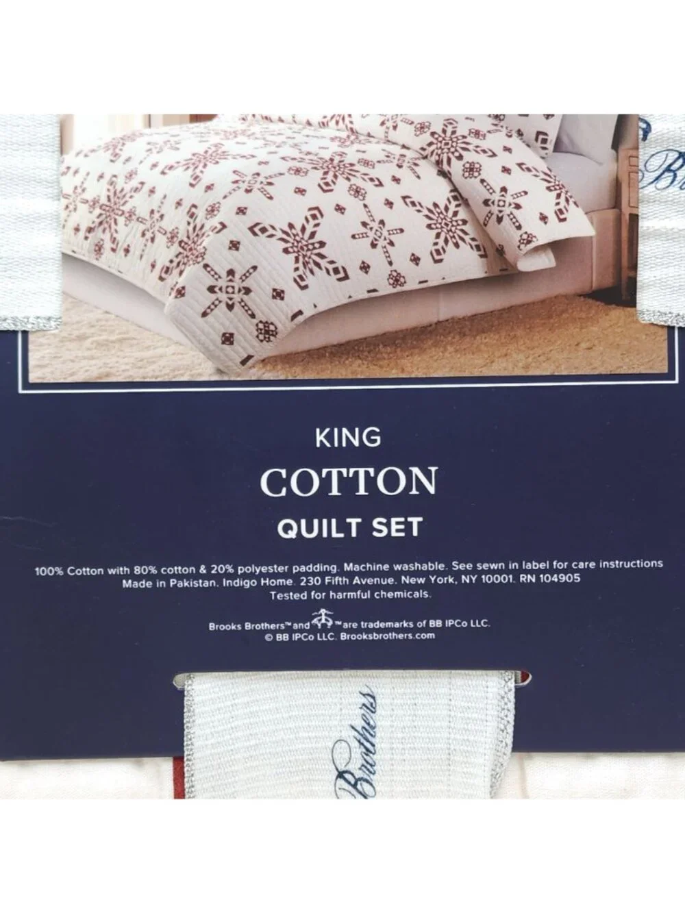 Brooks Brothers 3-Piece King Cotton Quilt Set 2 Shams Red & White Snowflakes